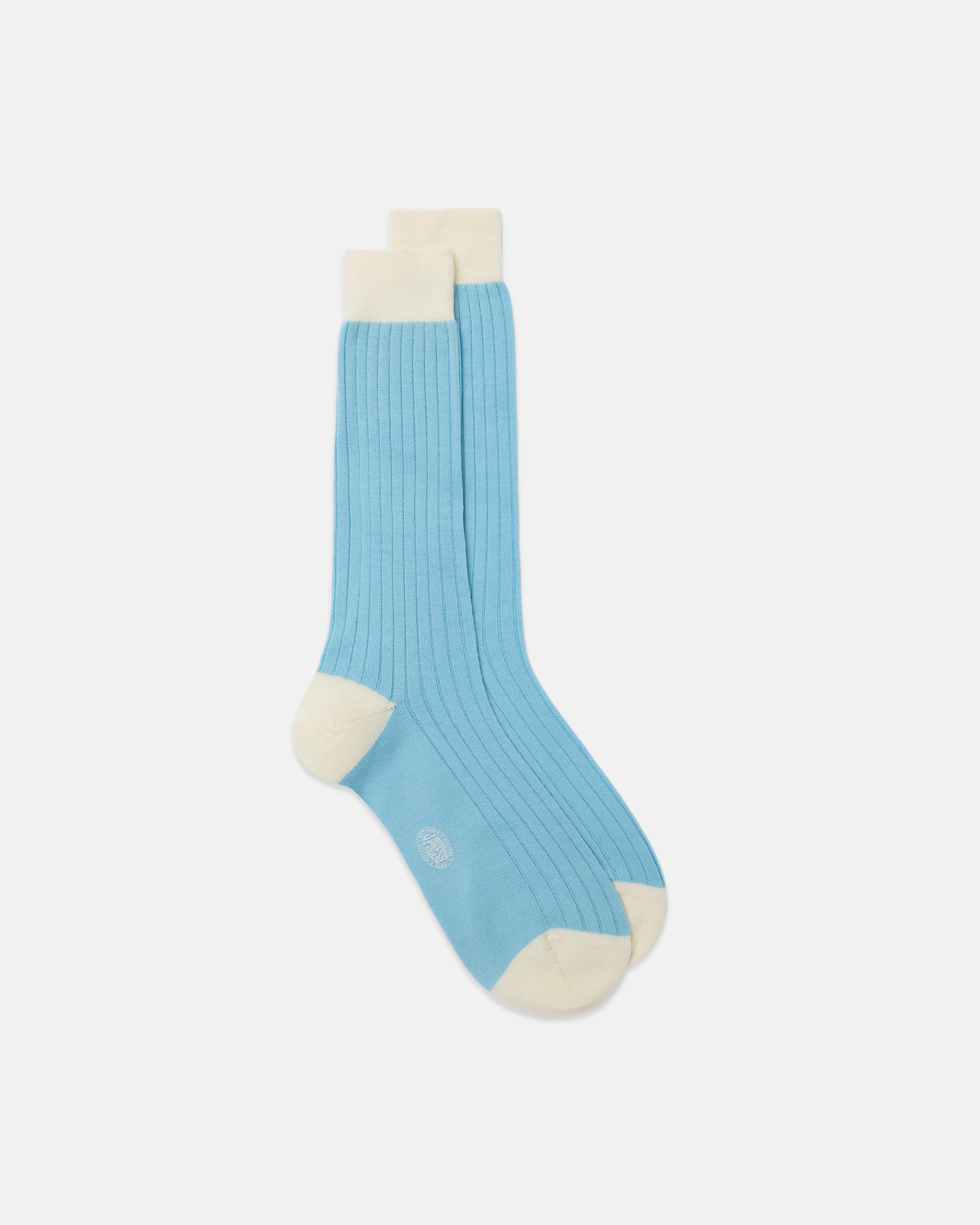 Made-in-Italy Sky Blue & White Heel & Toe Wool Mid-Calf Socks