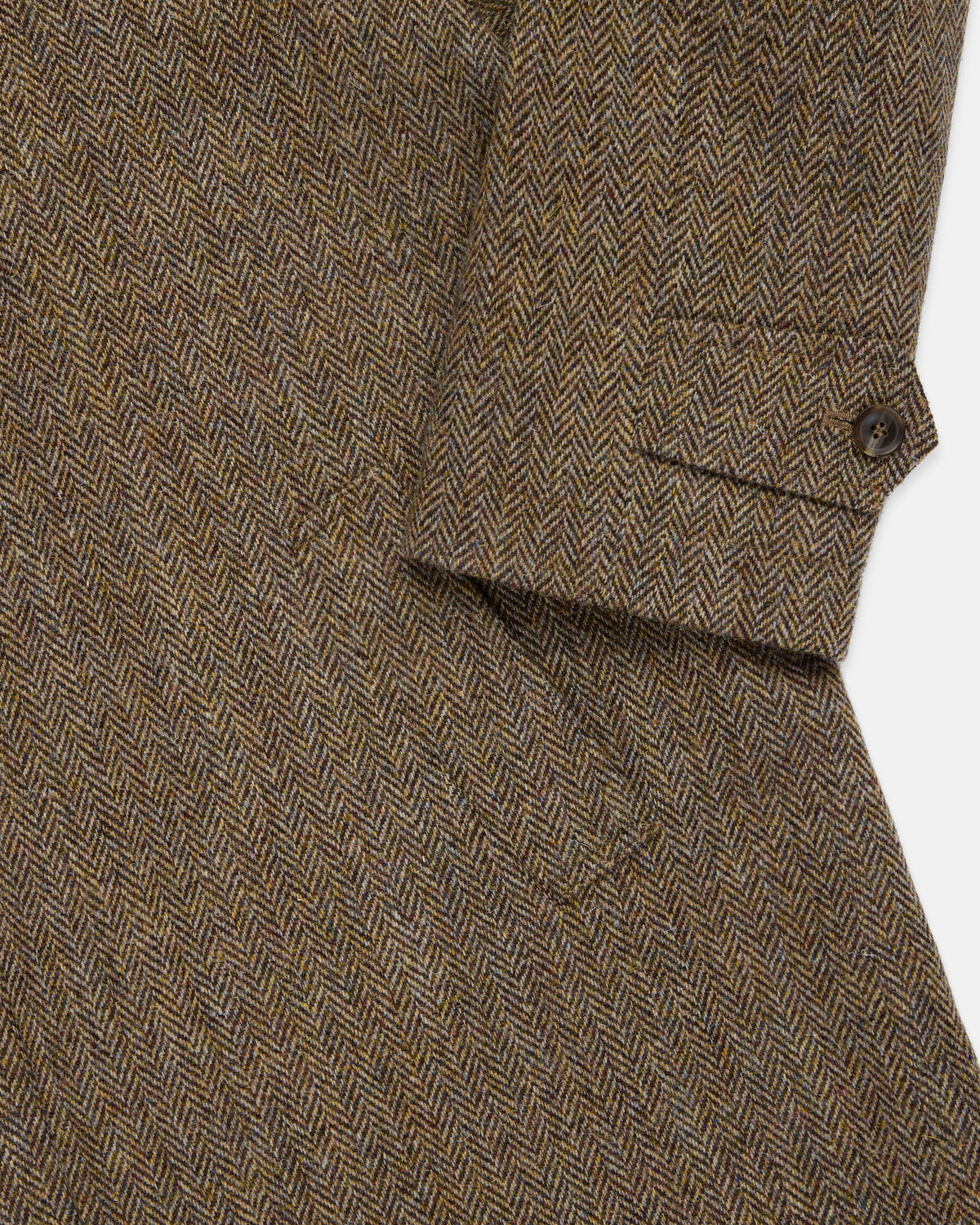 Made-in-England Brown Herringbone Harris Tweed Balmacaan