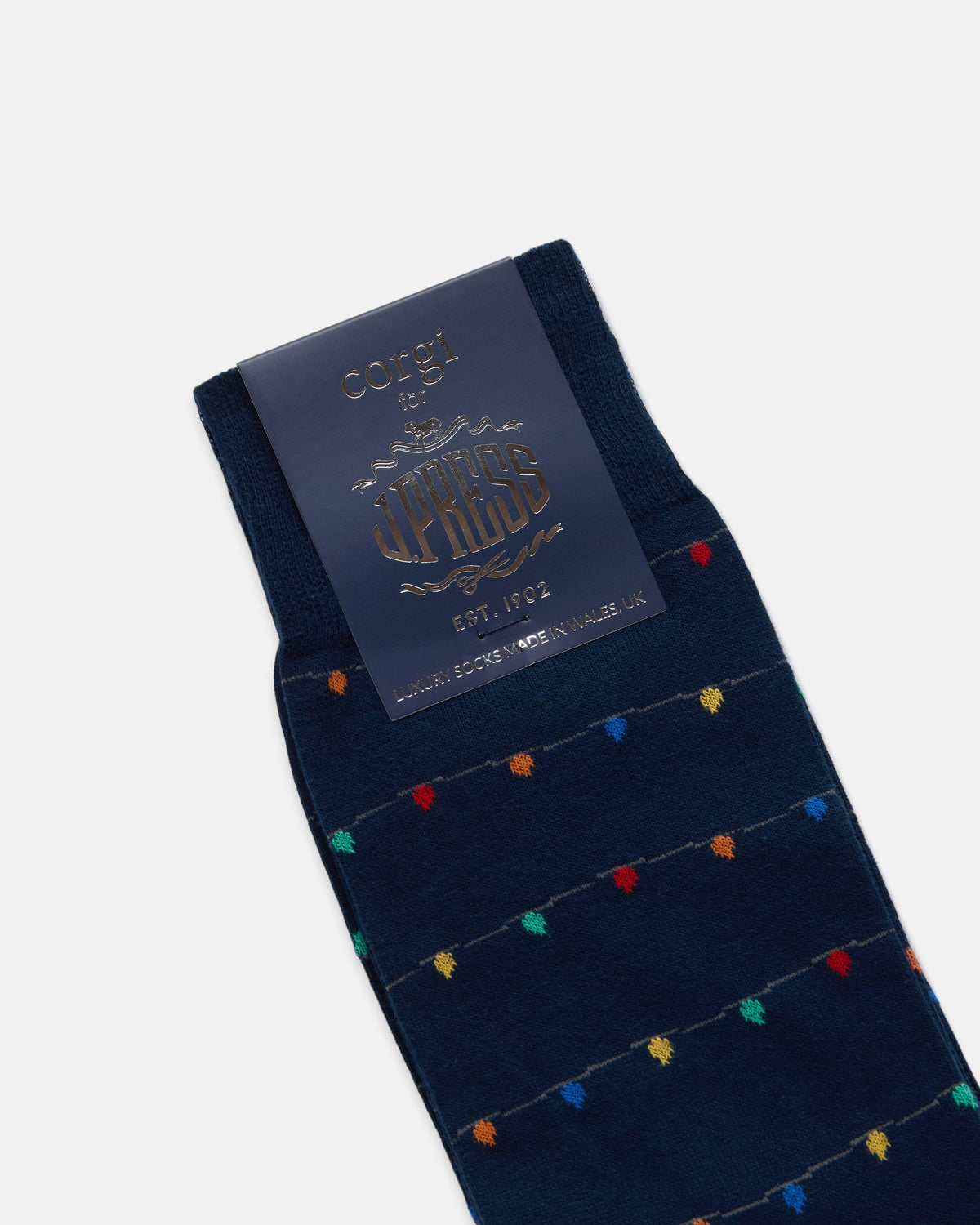 Made-in-UK Navy Holiday Lights Motif Cotton Socks