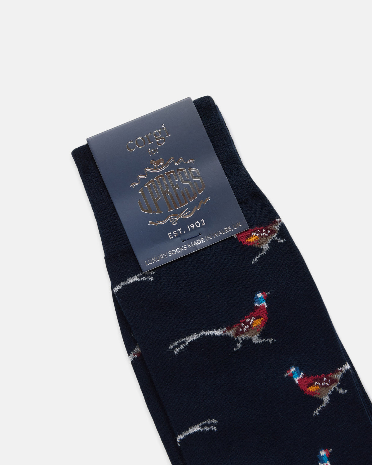 Made-in-UK Navy Pheasants Motif Cotton Socks