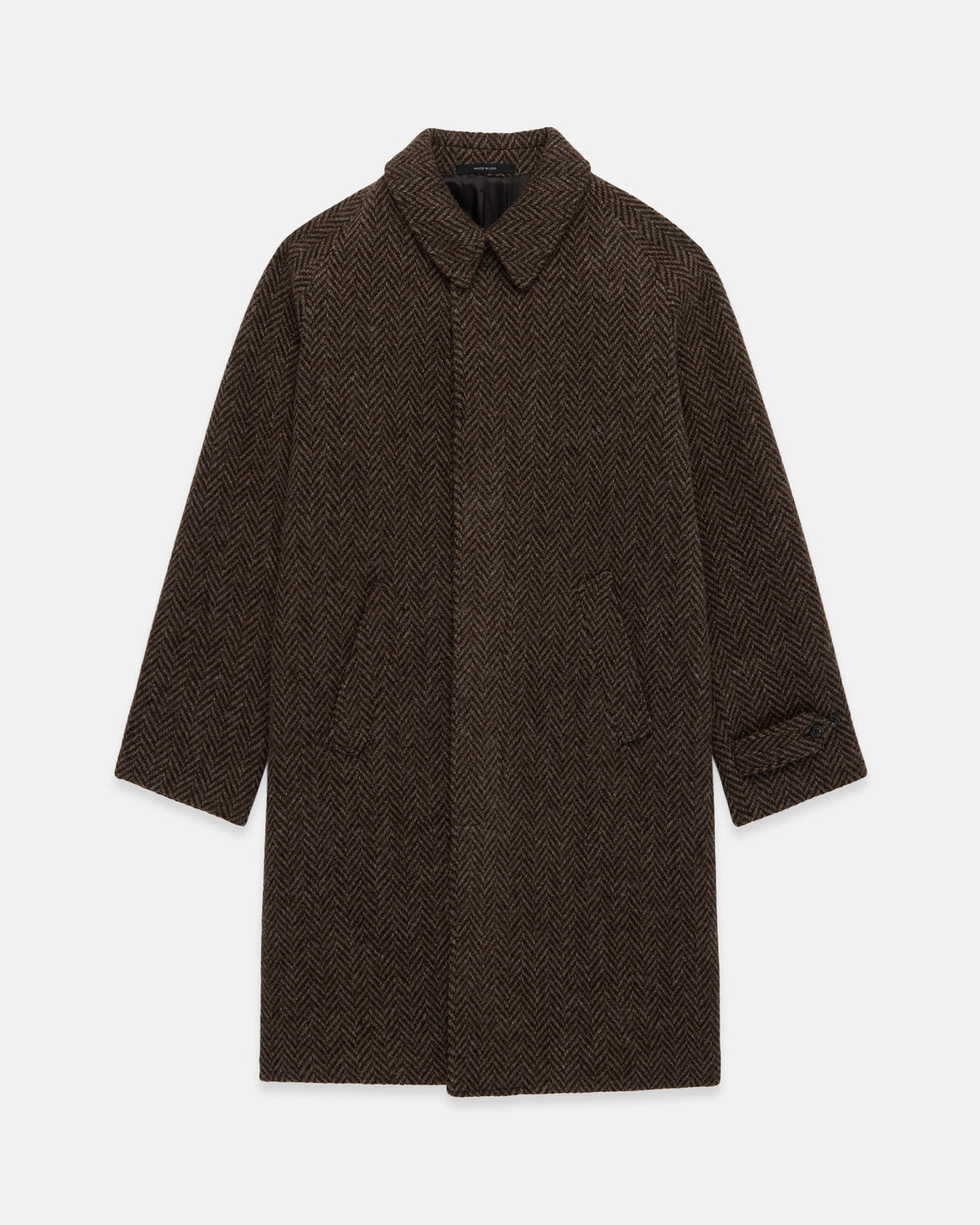 Made-in-USA Brown Herringbone Tweed Balmacaan