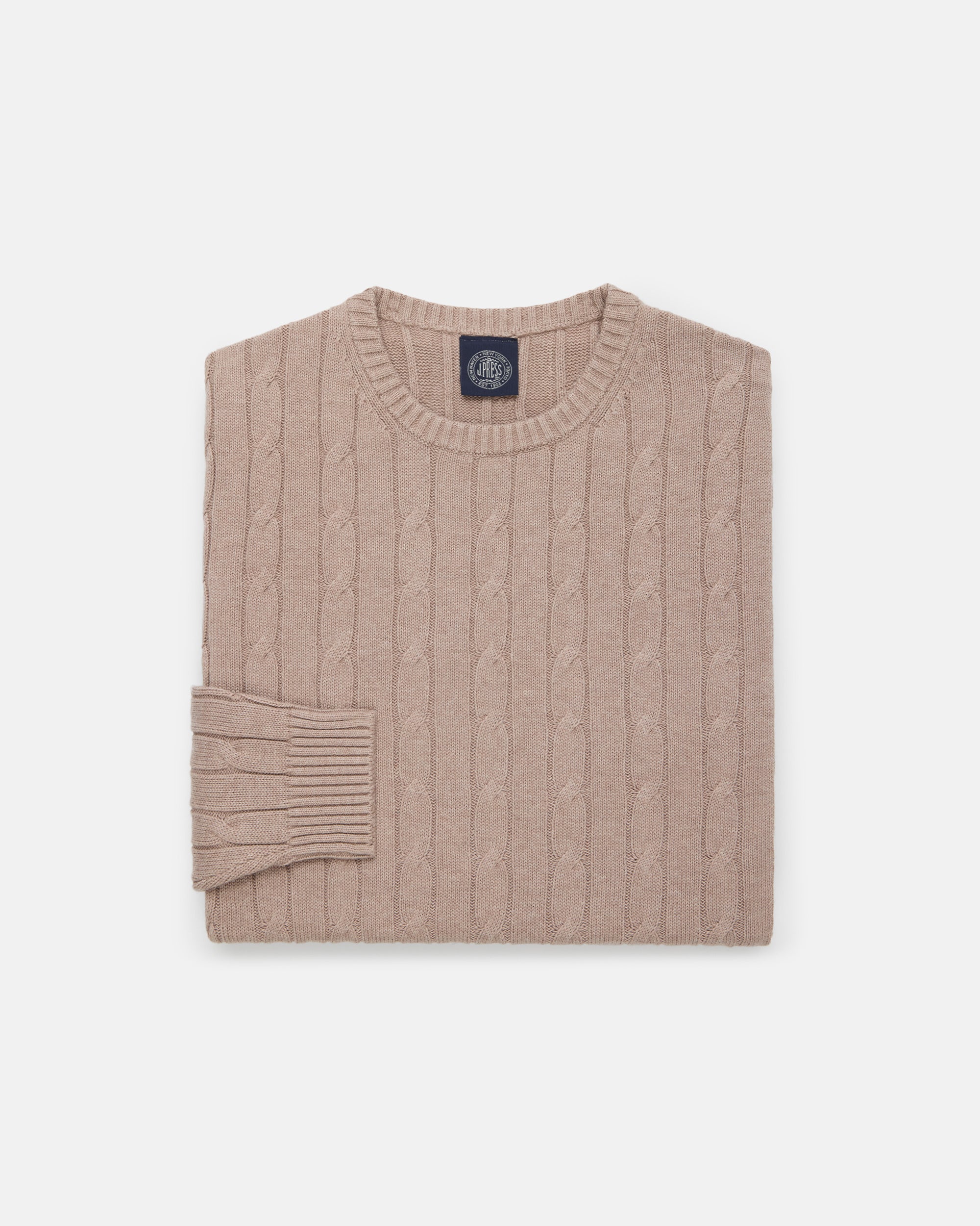 Light Brown Cotton-Cashmere Cable Crewneck Sweater