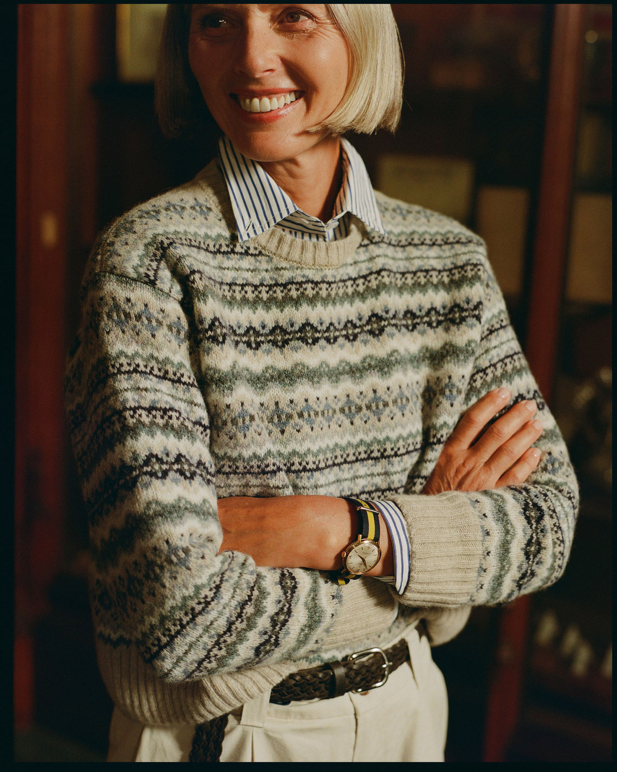 Made-in-Scotland Women's Light Blue Fair Isle Crew Neck Sweater