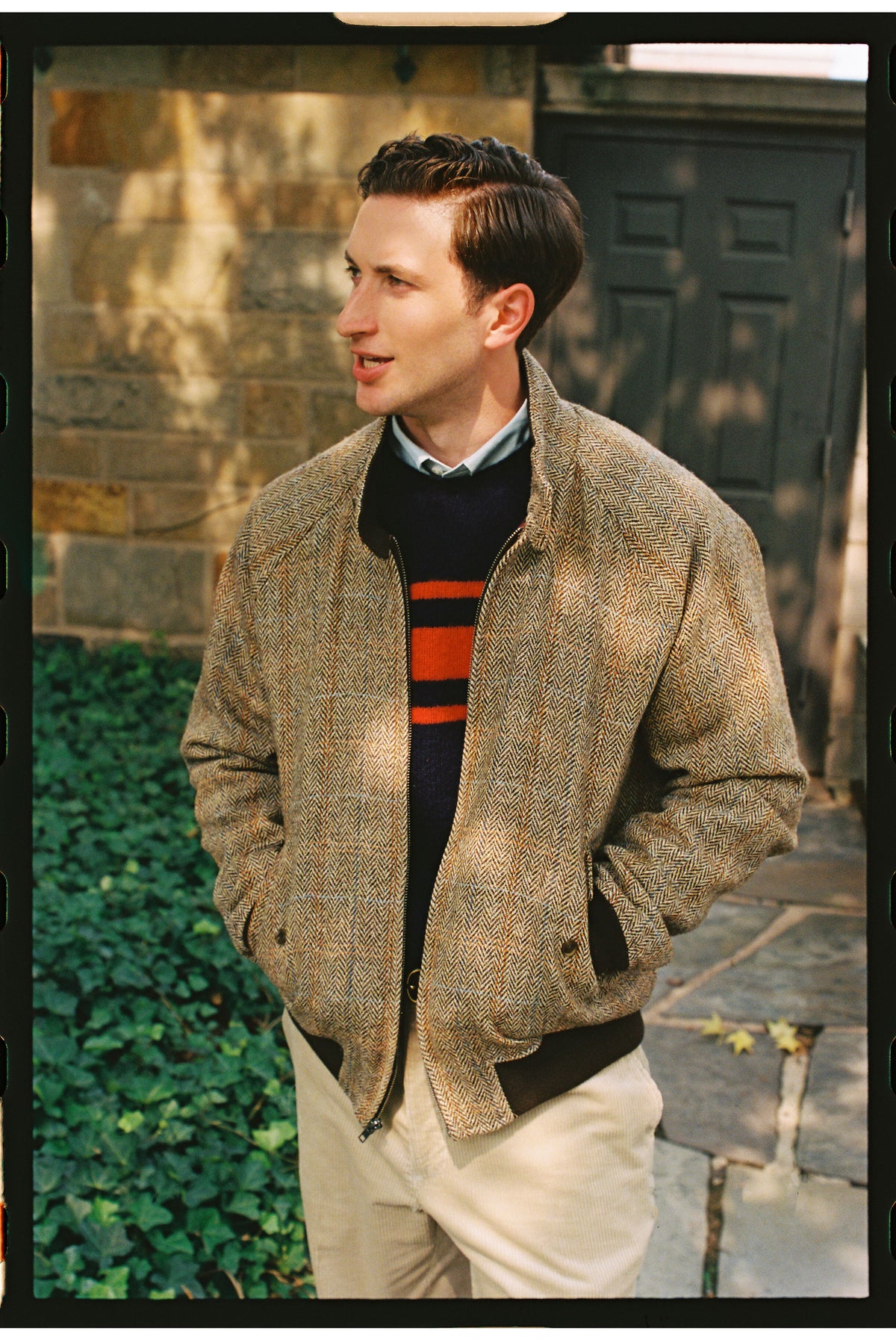 Made-in-England Light Brown Herringbone Harris Tweed Harrington Jacket