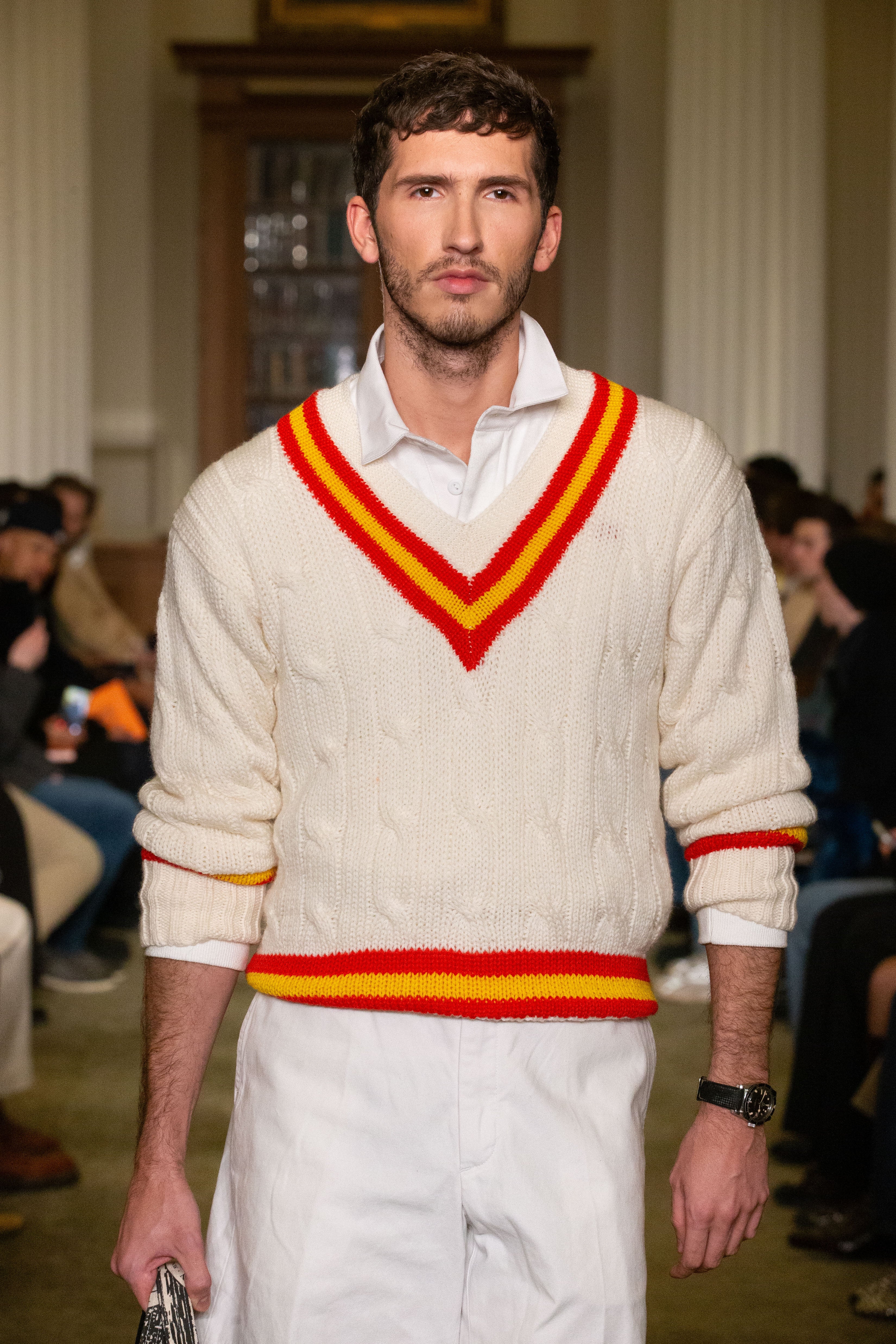 Made-in-England Red & Yellow Cable Knit Wool Cricket Sweater