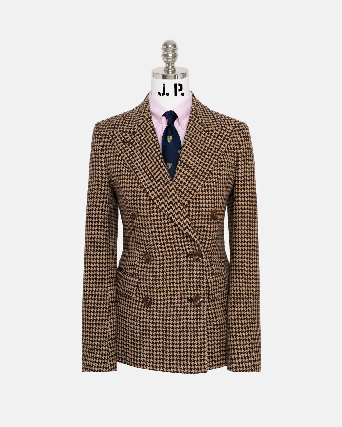 Women's Tan Houndstooth Double-Breasted Blazer
