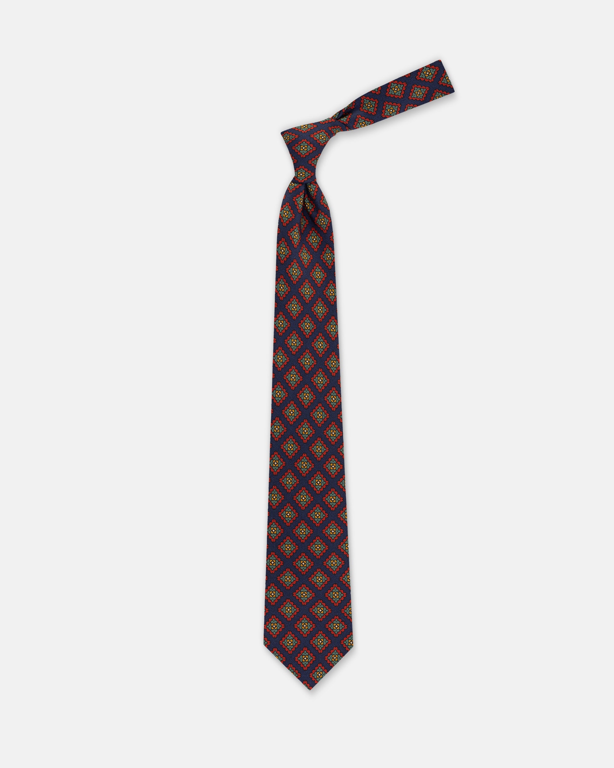 Made-in-UK Navy Printed Geometric Square Ancient Madder Tie