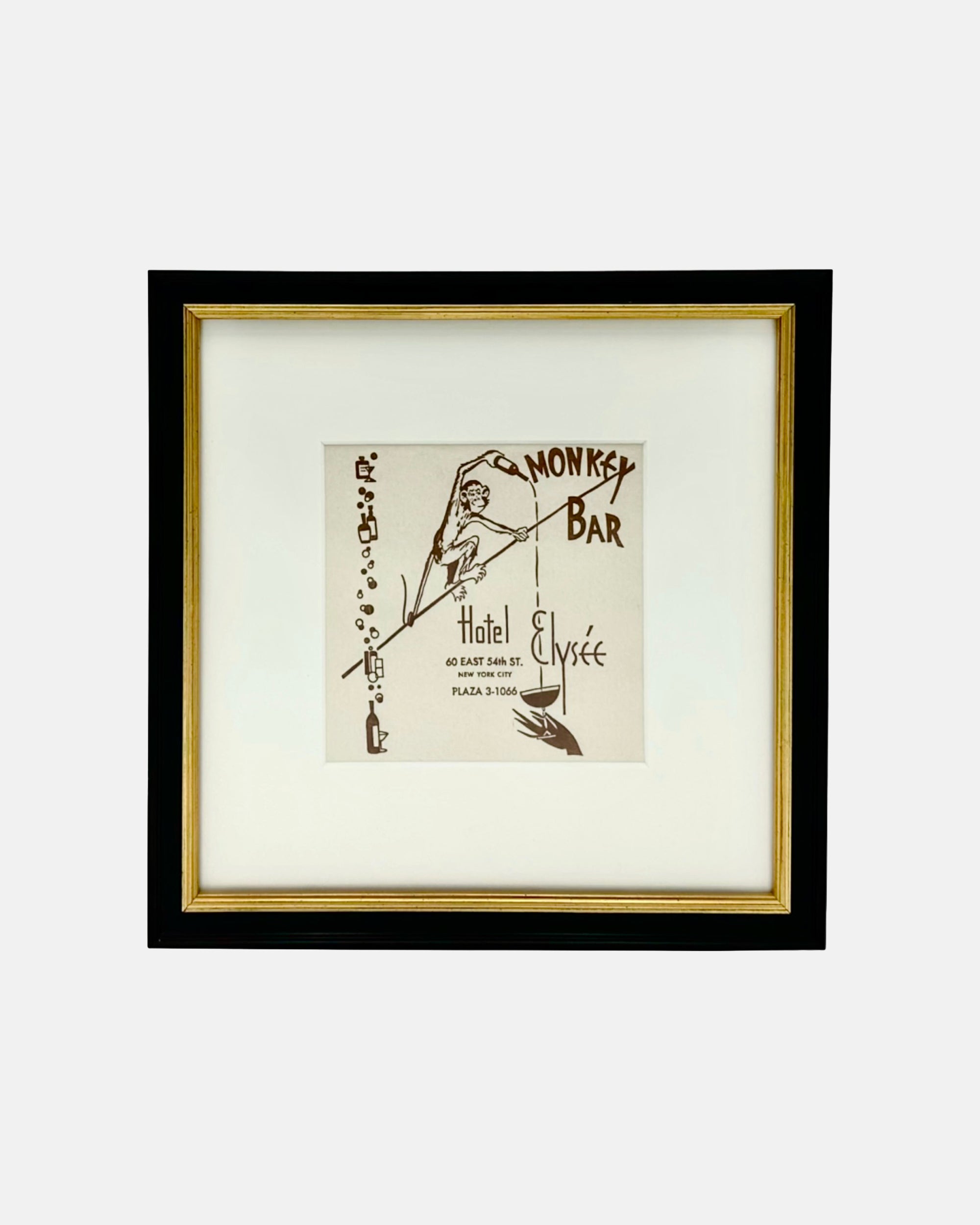 Vintage Monkey Bar NYC Hotel Elysée Framed Cocktail Napkin