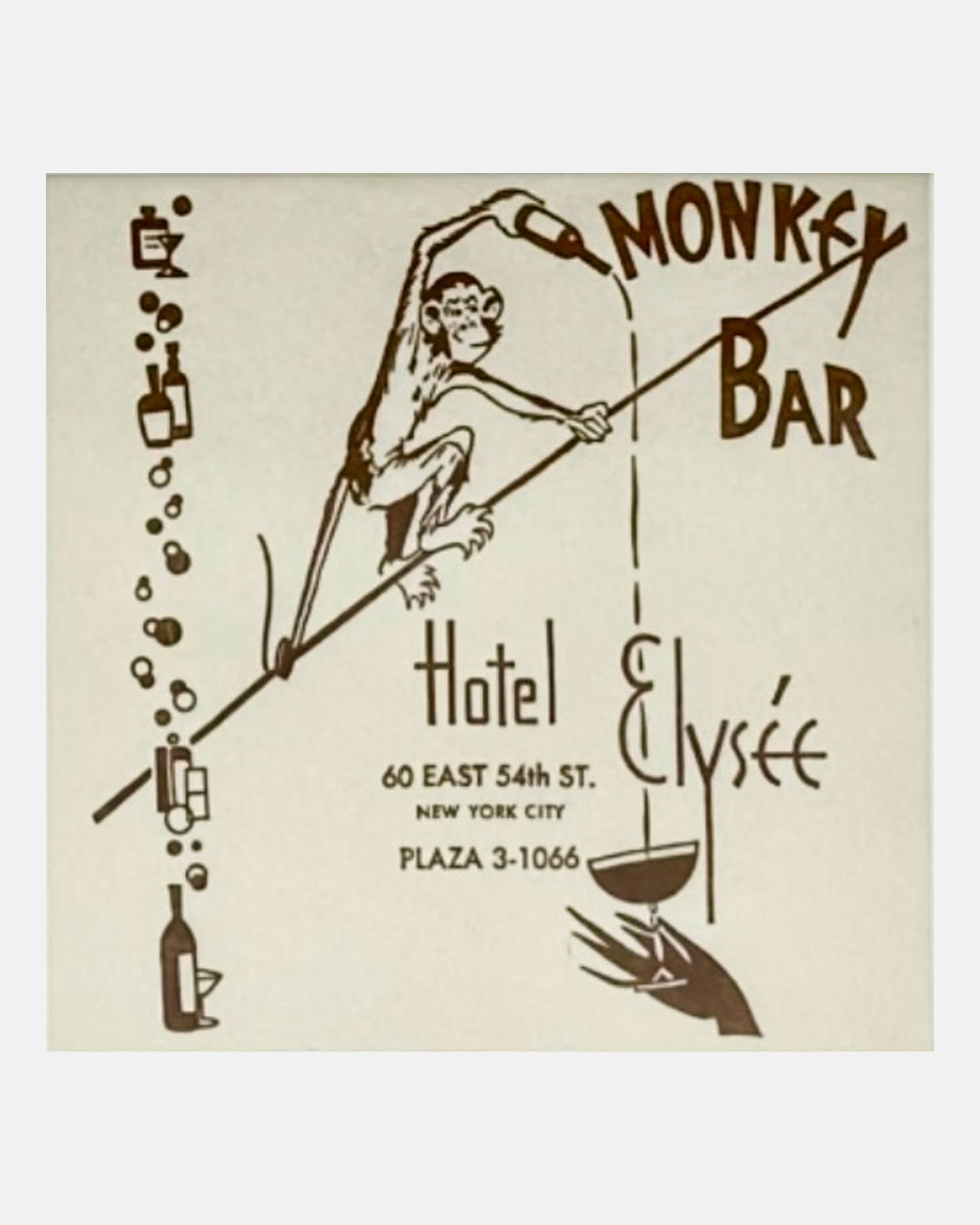 Vintage Monkey Bar NYC Hotel Elysée Framed Cocktail Napkin