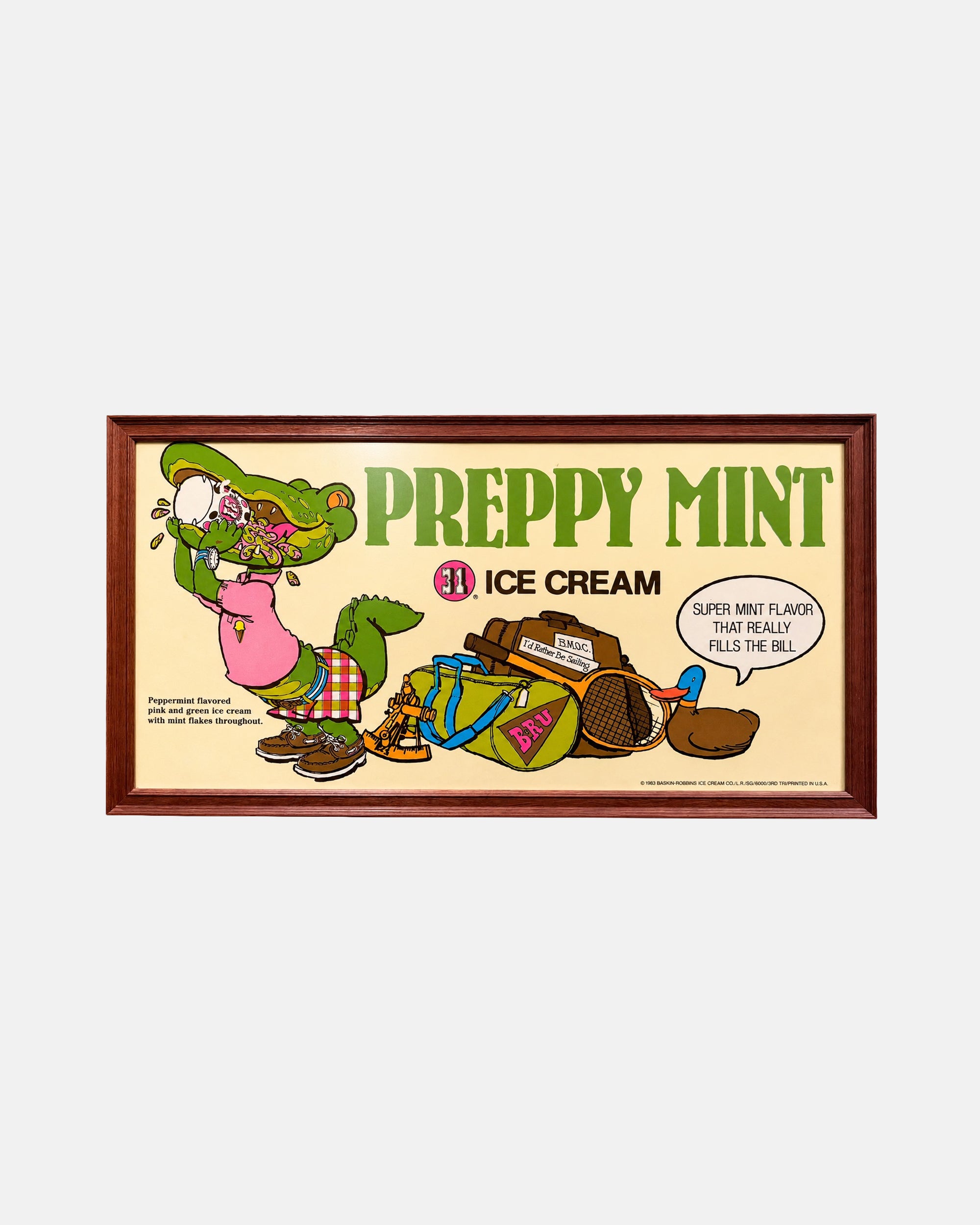 Vintage Baskin Robbins Preppy Mint 1983 Framed Advertising Poster Alligator