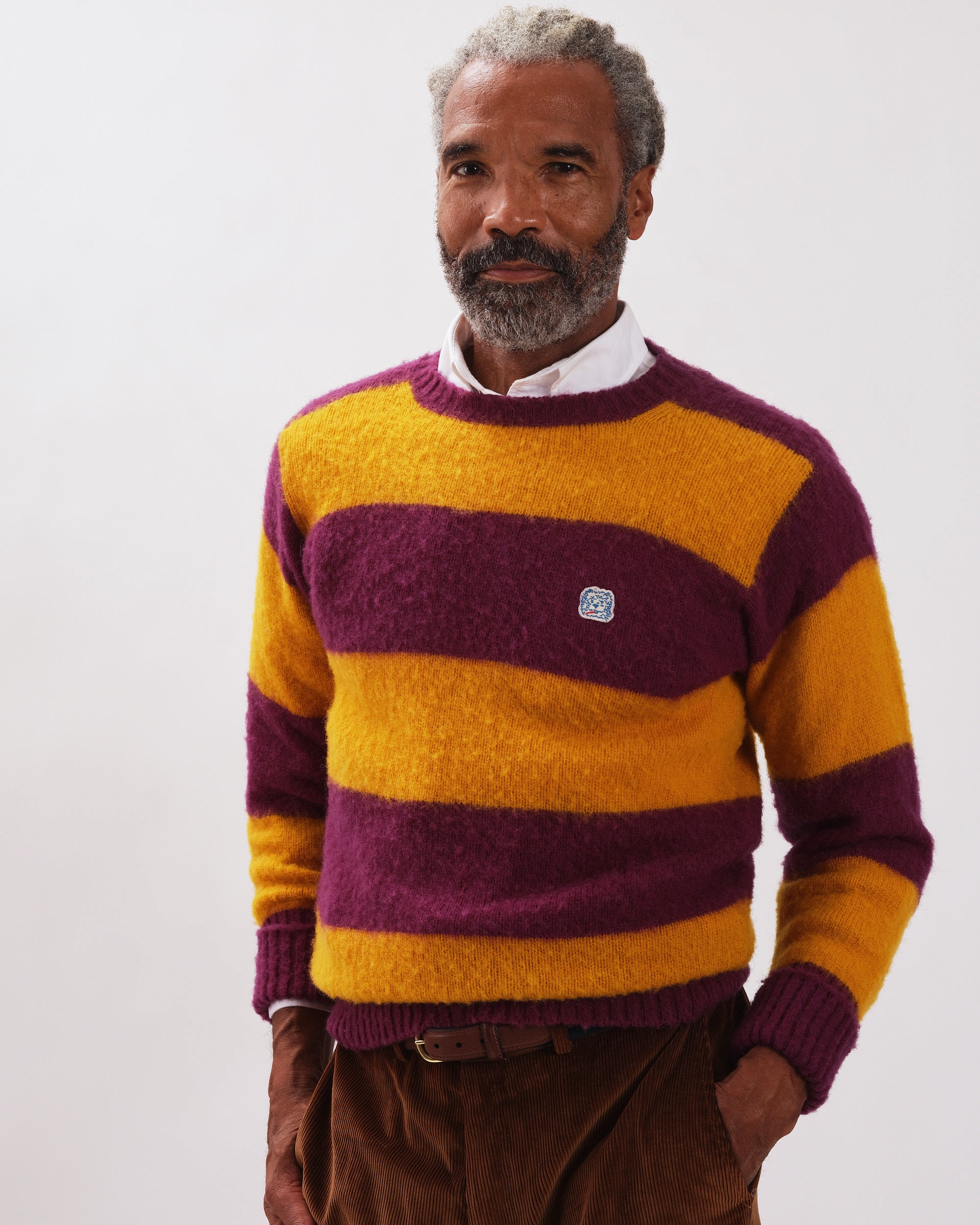 Made-in-Scotland Purple & Yellow Stripe Shaggy Dog Icon Sweater - Clas