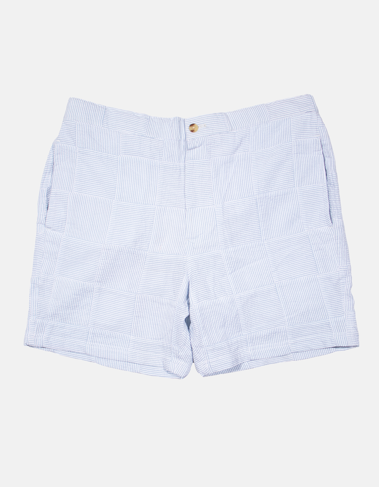 BLUE PATCHWORK SEERSUCKER SWIM TRUNKS