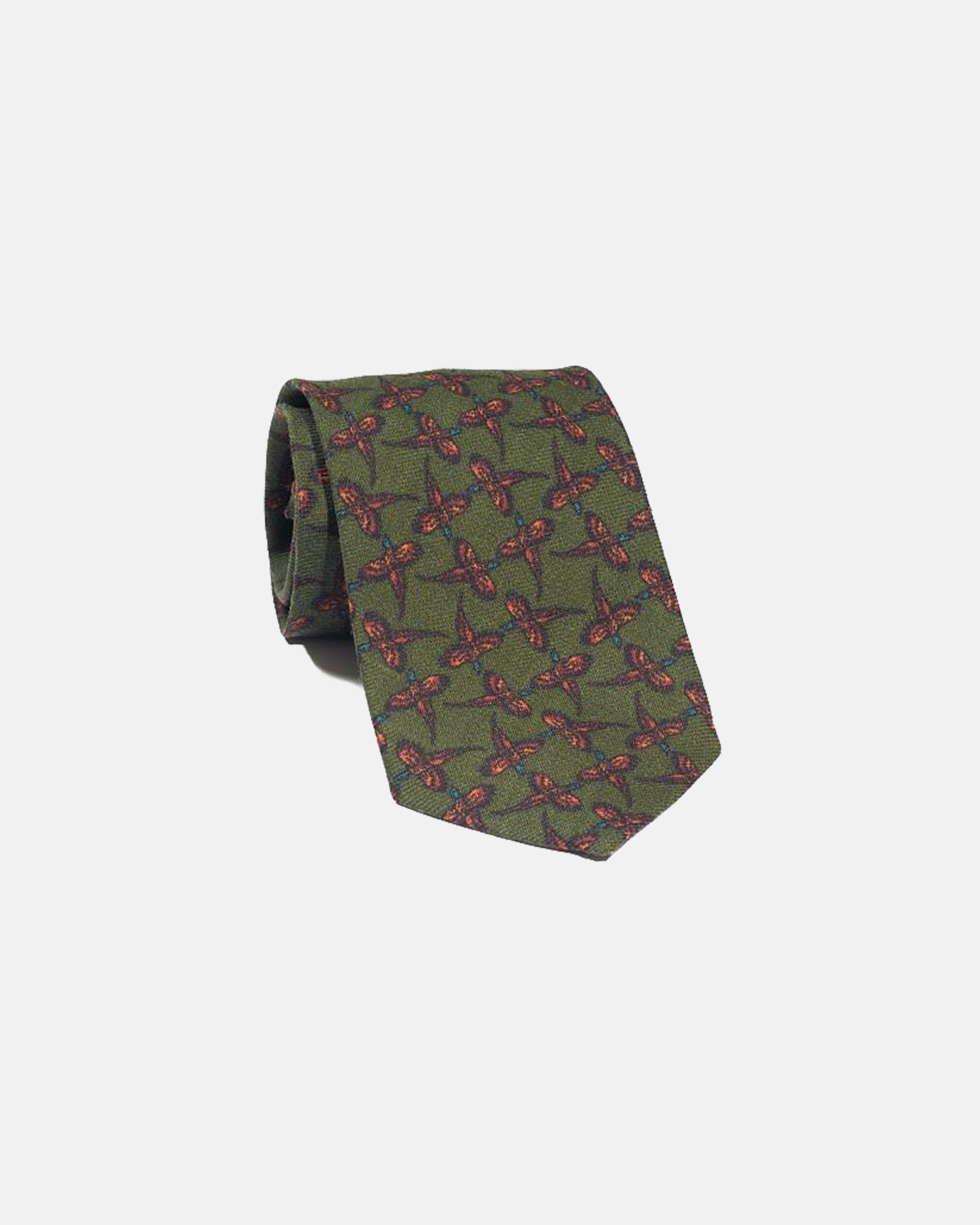 Made-in-UK Olive Pheasant Wool Challis Tie