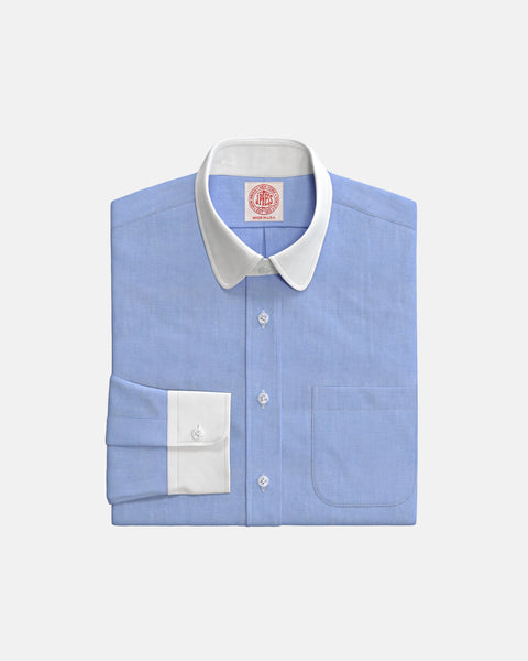 club collar dress shirt Blue Pinpoint Oxford Contrast Custom Light Blue Butcher Stripe / No Rounded collar