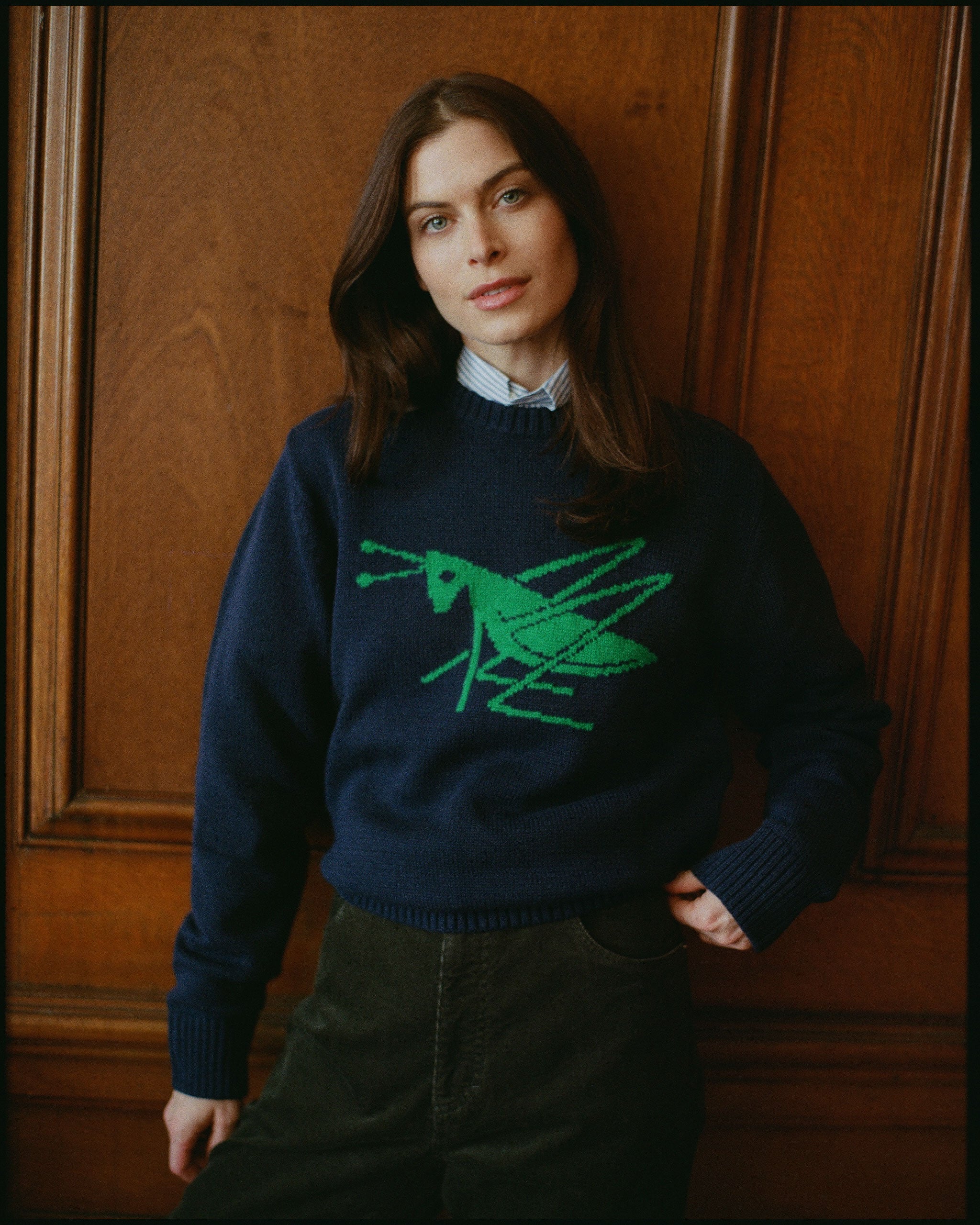 Grasshopper Club Intarsia Knit Cotton Sweater