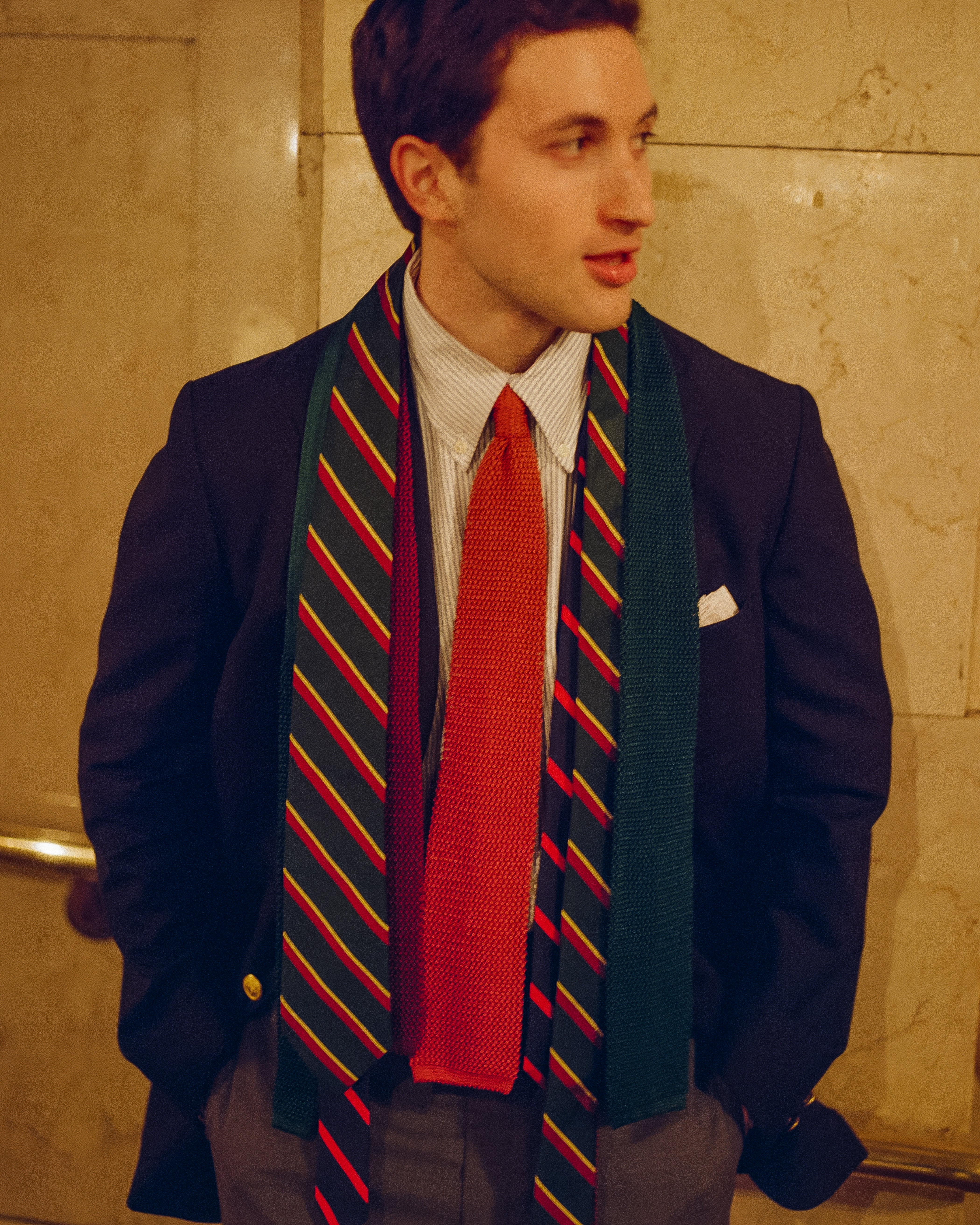 J.PRESS クラシックフィッシュ シルクタイ（バーガンディ） Made-in-Japan Green Regimental Silk Tie