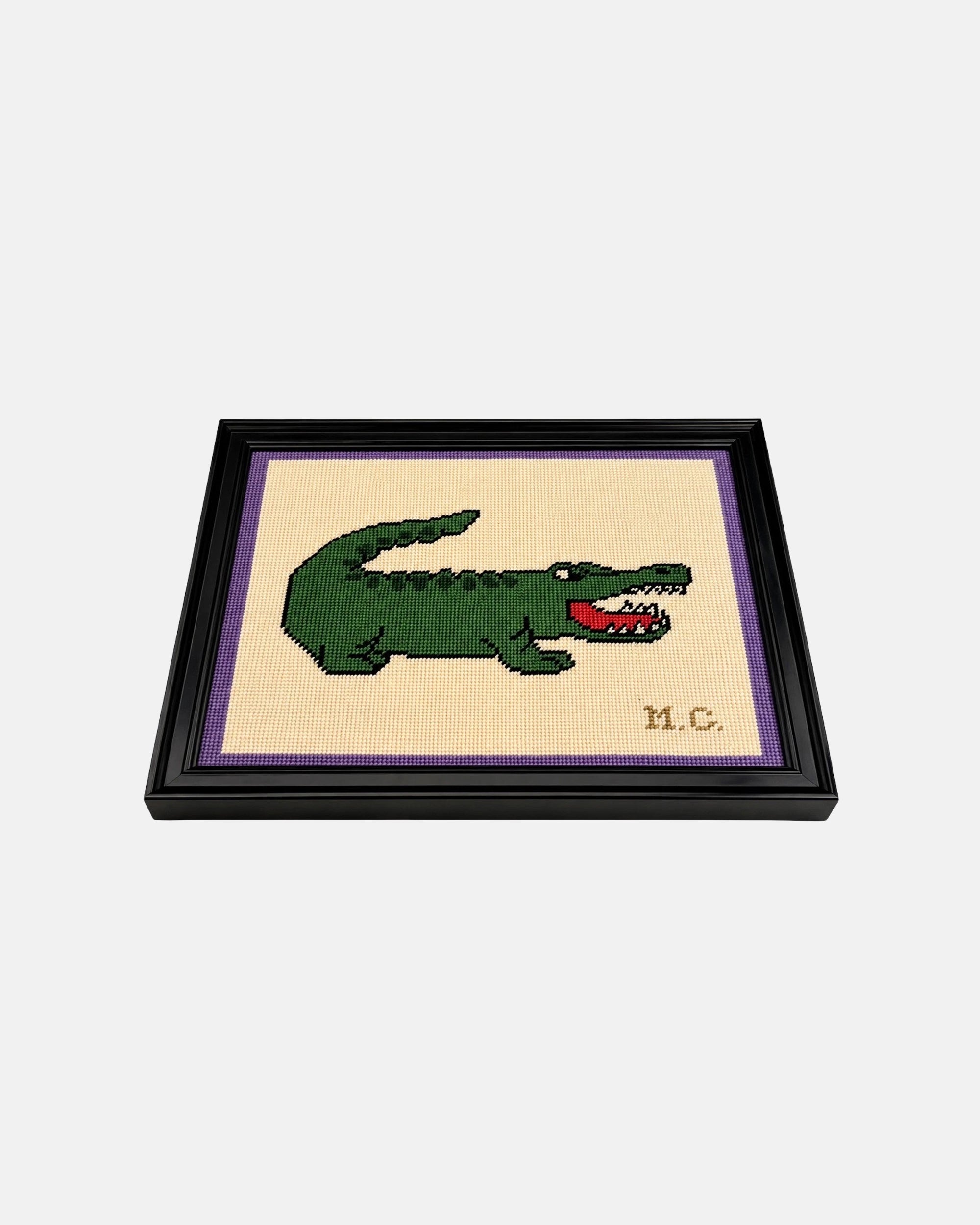 Vintage Preppy Alligator Framed Needlepoint Art 9.5 x 11.5 in.