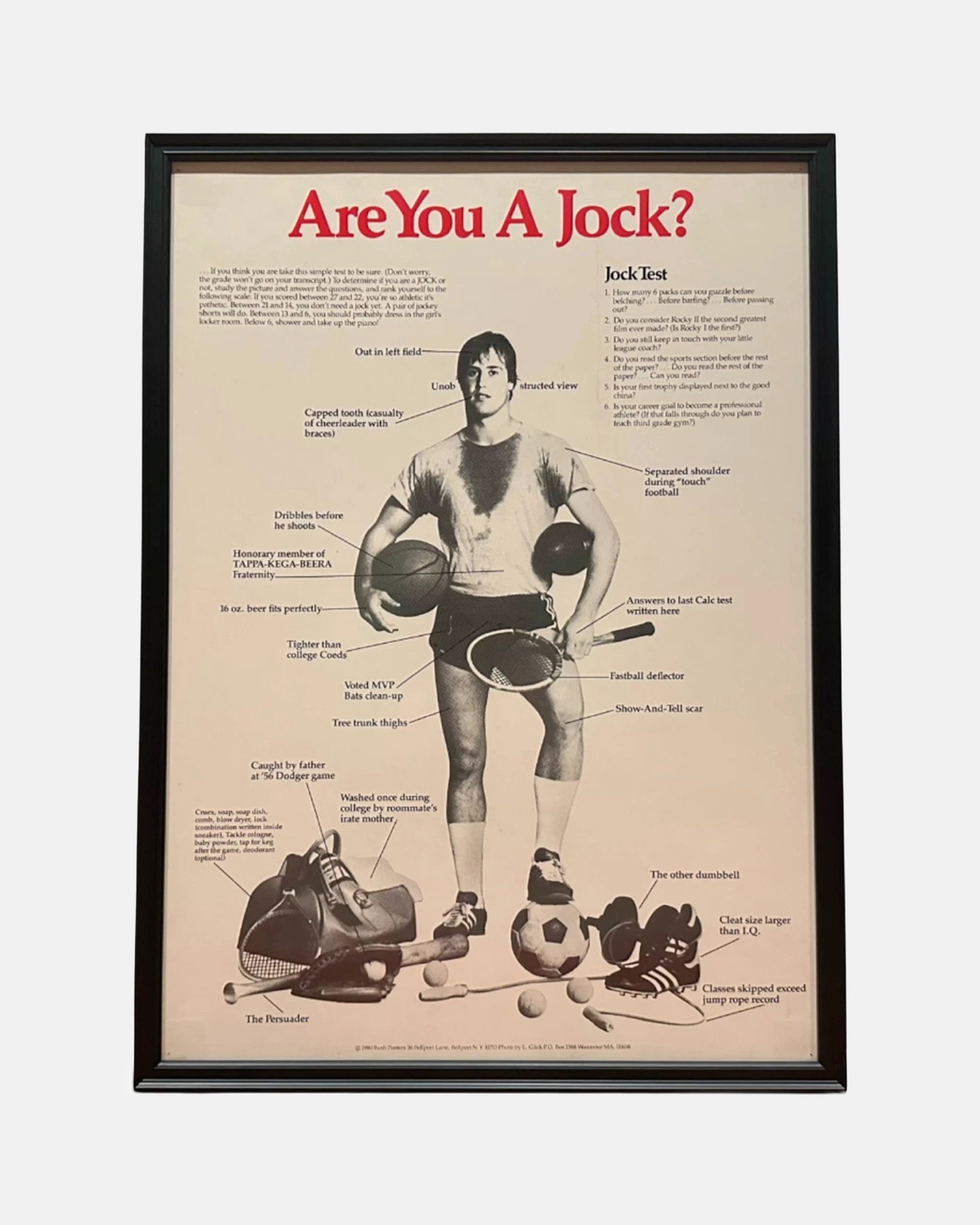 Vintage "Are You A Jock?" 1980 Framed Poster 19 x 26 in.