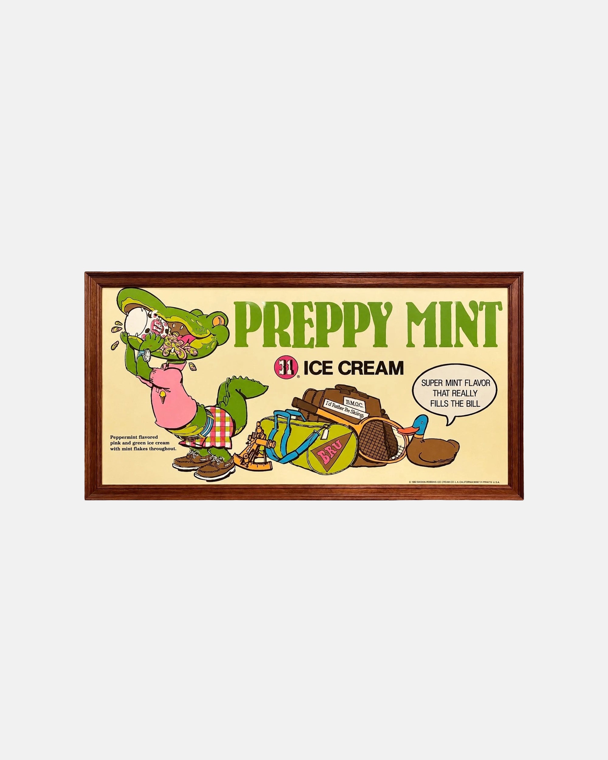 Vintage Baskin Robbins Preppy Mint 1983 Framed Advertising Poster Alligator