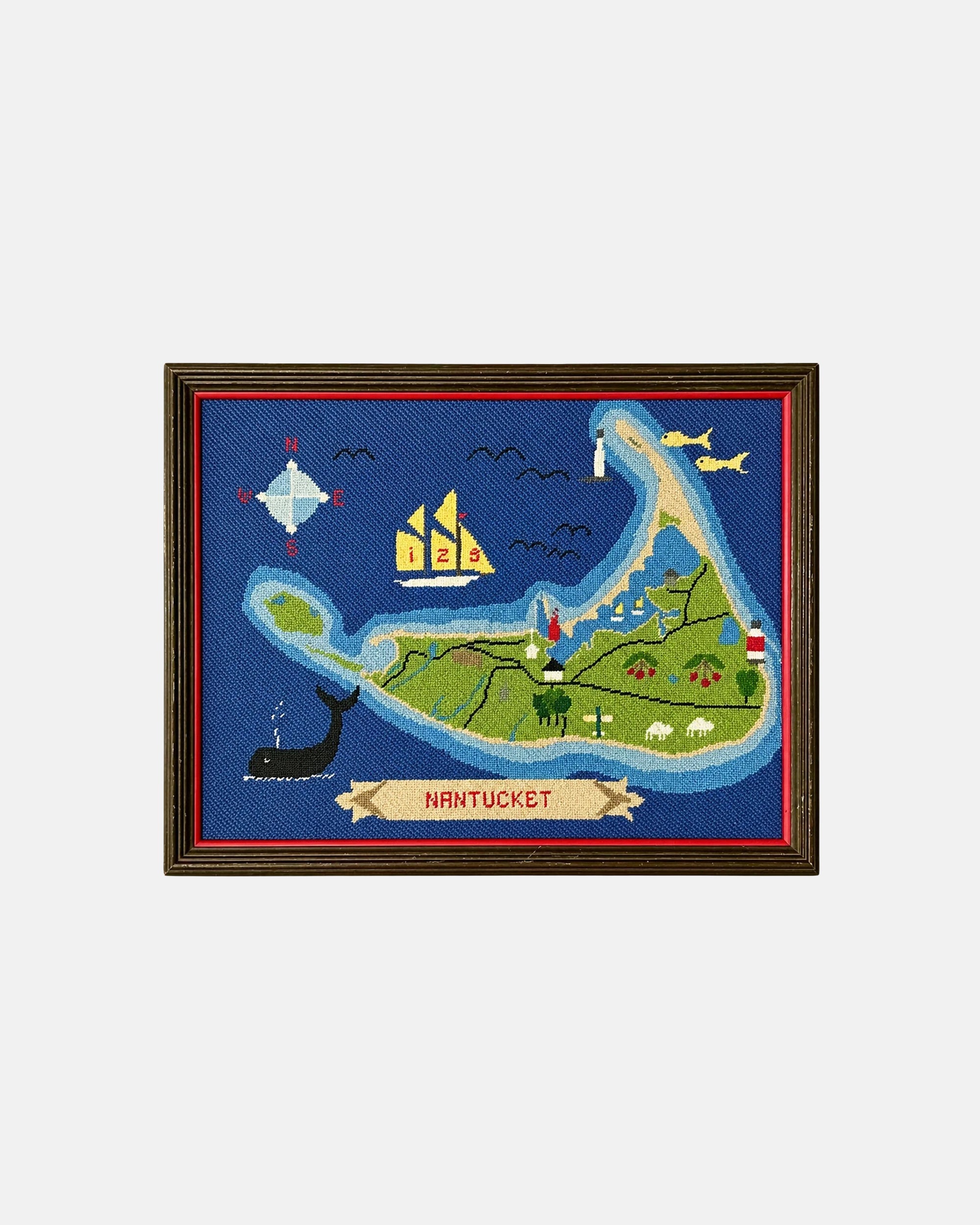 Vintage Nantucket Island Framed Needlepoint Map 17.5 x 22.5 in.