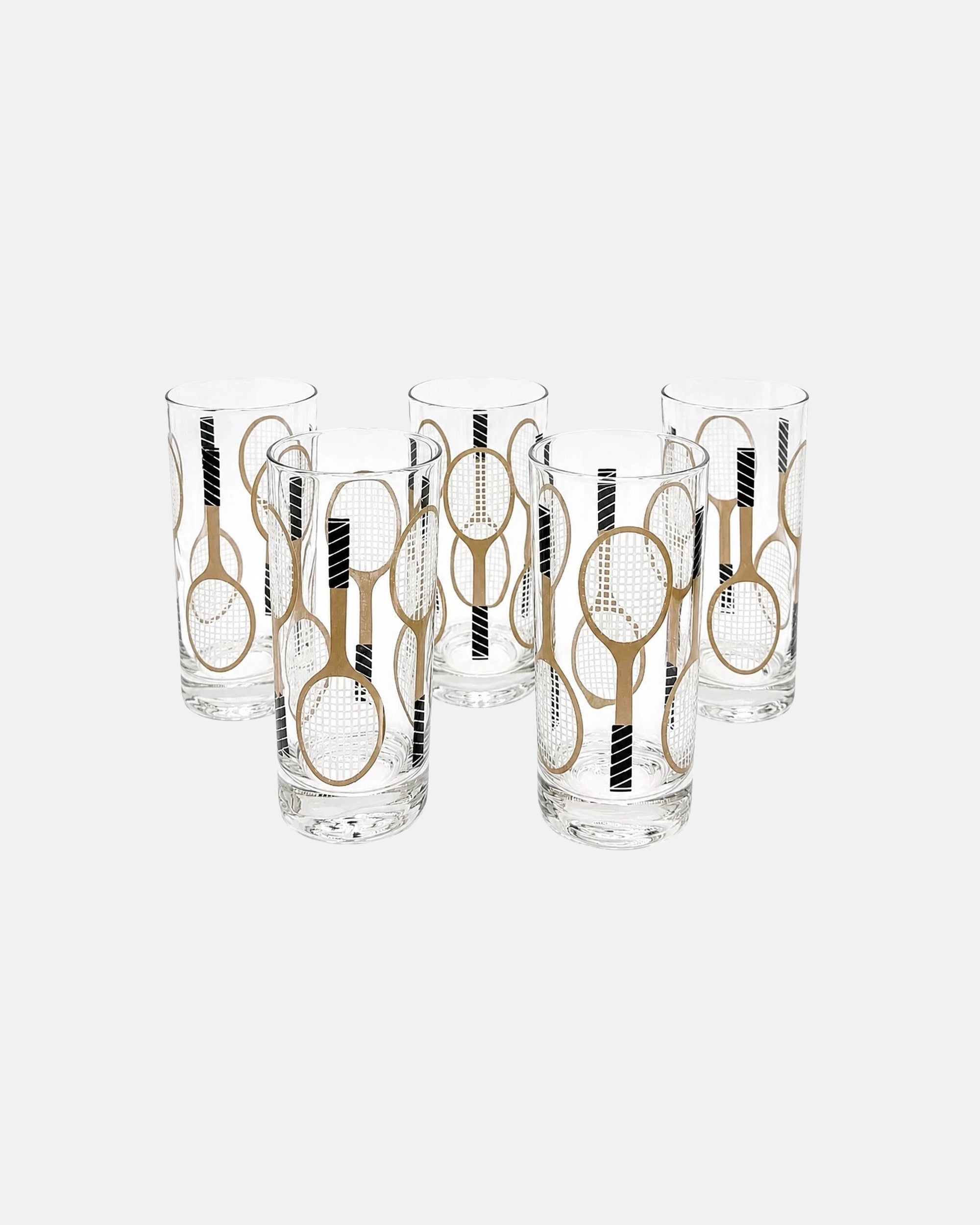 Vintage Set of 5 Tennis Racquet Highball Cocktail Glasses